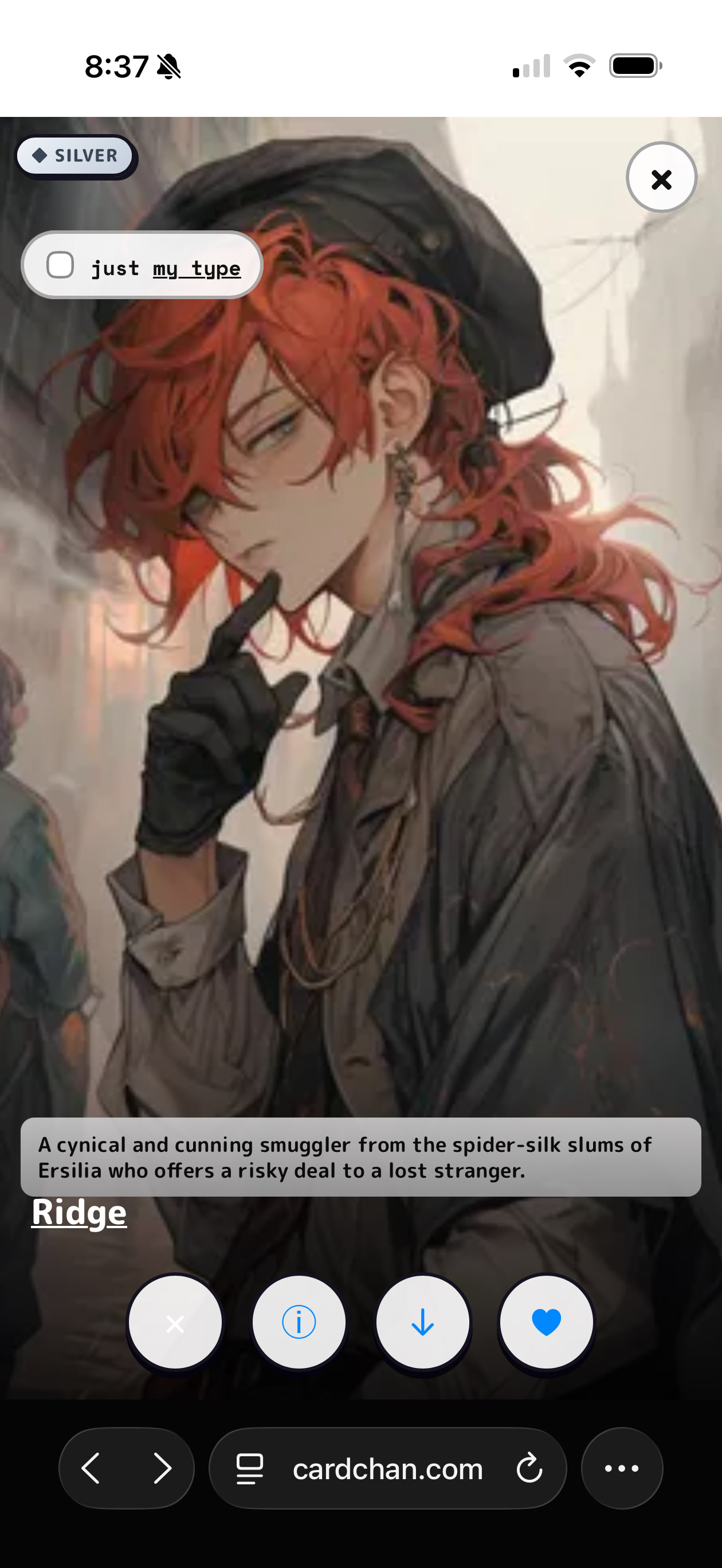 Swipe mode on a phone: a full-screen character card cover with like and pass controls